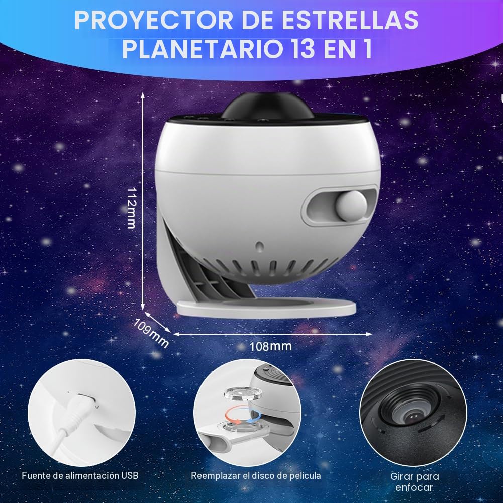 Proyector de Cielo Estrellado, 12 Discos Planetarios, Proyector de Ajuste de Rotación de 360°, Luz Nocturna, con Control, Remoto para Dormitorio, Techo, Niños y Adultos