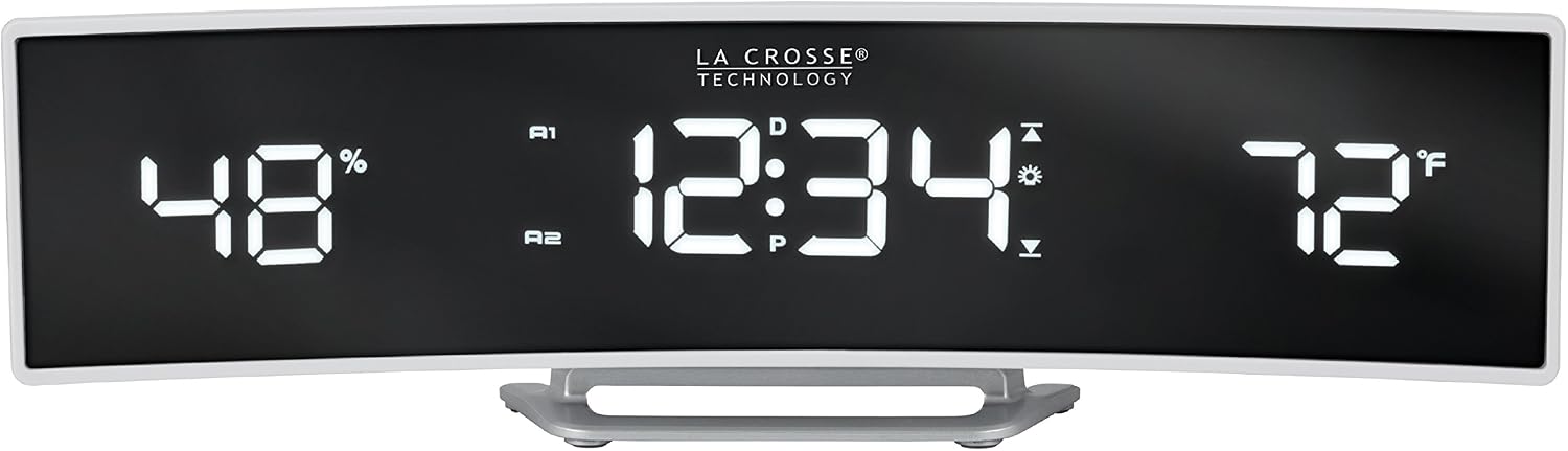 La Crosse Technology 602-247 White Curved Alarm Clock with Mirrored LED Lens Display, 9.84" L x 1.75" W x 2.78" H