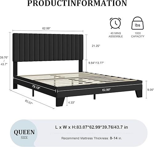 Miniatura 2 de Marco de cama tamaño Queen, cama plataforma tapizada en terciopelo con cabecero acolchado ajustable, marco resistente y listones, silencioso, no