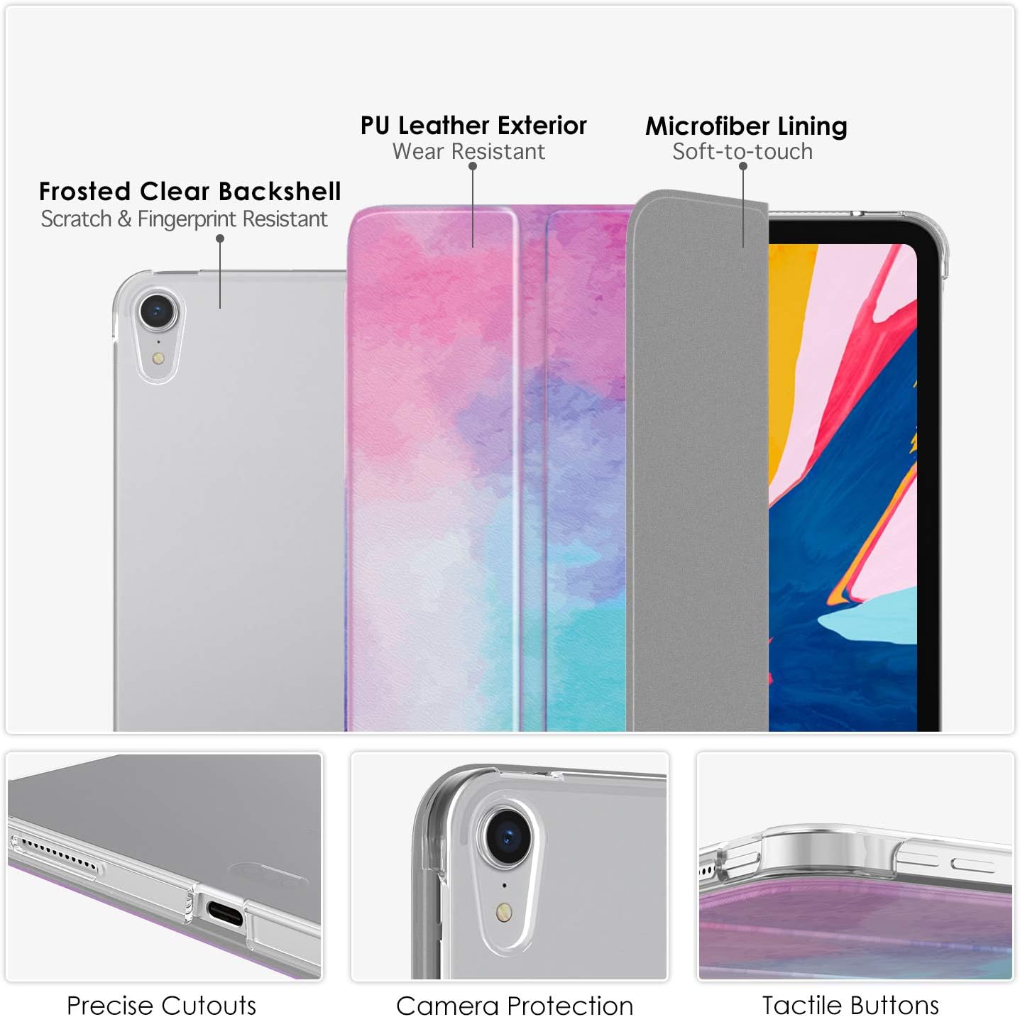 MoKo Case Fit iPad Pro 12.9" 2018 - Support Apple Pencil's Magnetic Charging - Slim Lightweight Smart Shell Trifold Stand Cover with Translucent Frosted Back, Auto Wake/Sleep - Water Color