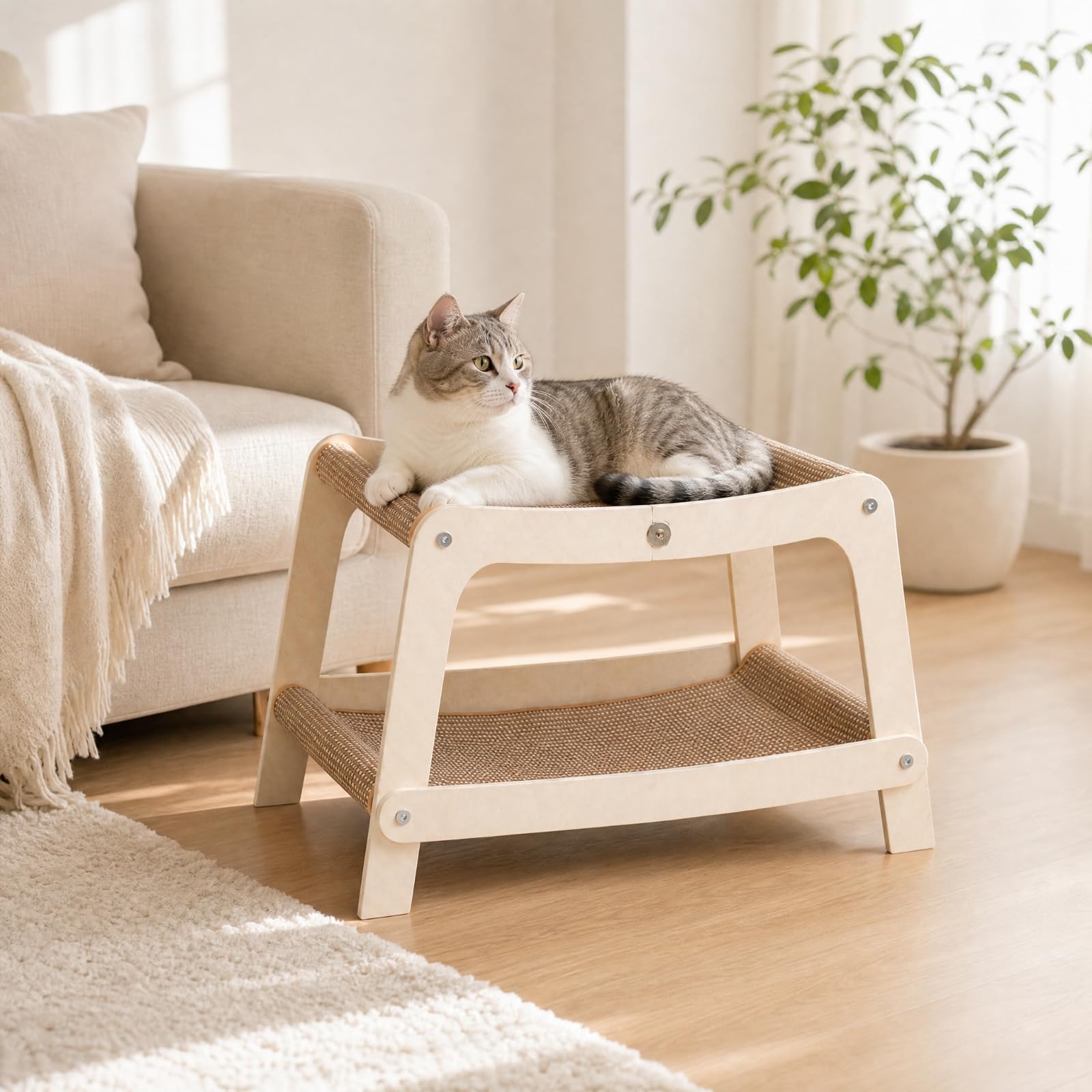 stöckiges Katzenkratzbett gemütlich Kratzliege mit Ebenen stabil Kratzliege aus Massivholz für Wohnung, Einfarbig