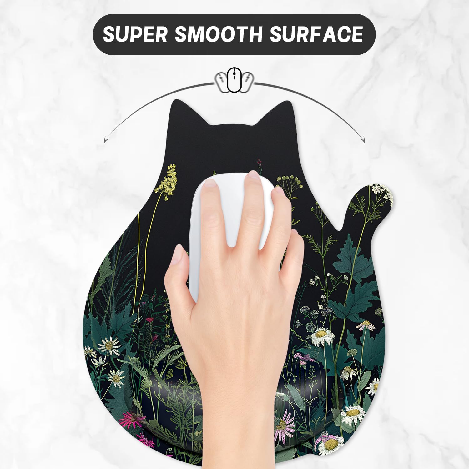 Ergonomic Mouse Pad with Wrist Rest, Cute Cat Memory Foam Padded Pain Relief Non-slip Wrist Support Mouse Mat for Gaming Work Computer Laptop, Funny Office Supplies Desk Accessory, Wild Flowers image 4