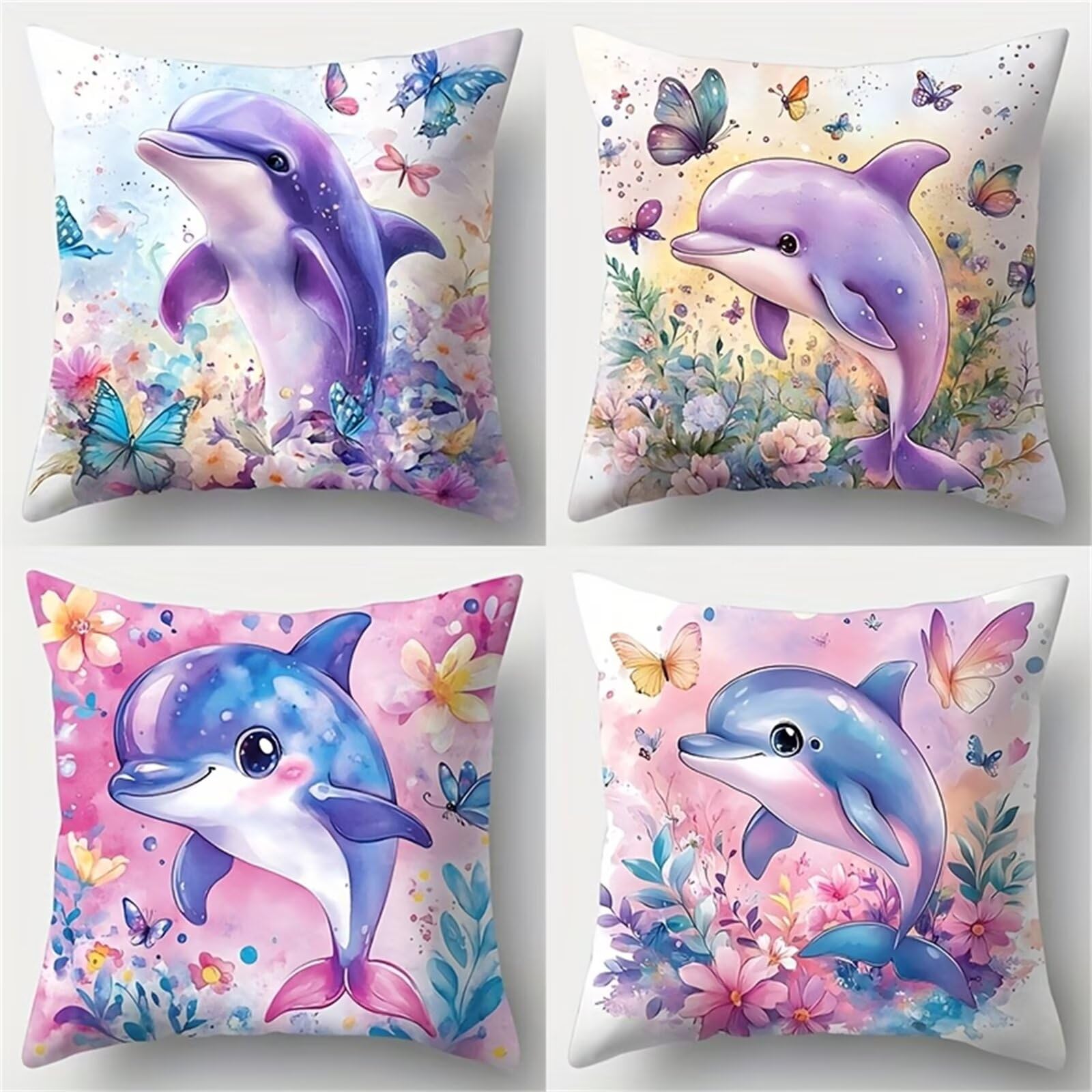 Housses de coussin 30x30 cm en lin pour canapé moderne - Lot de 4 motifs dauphin et papillon