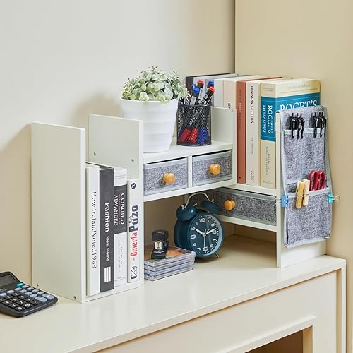 Miniatura 8 de X-cosrack Estantes de escritorio ajustables para almacenamiento, estantería de escritorio con 3 cajones, estante de escritorio de madera blanca para