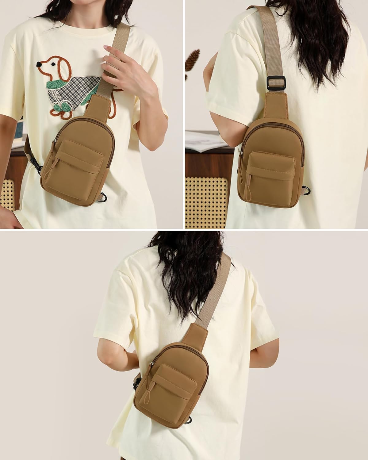 Peicees Small Crossbody Bag Purse for Men Womens Mini Sling Bag Chest Backpack Phone Holder Waterproof with Convertible Strap, Khaki - Image 8