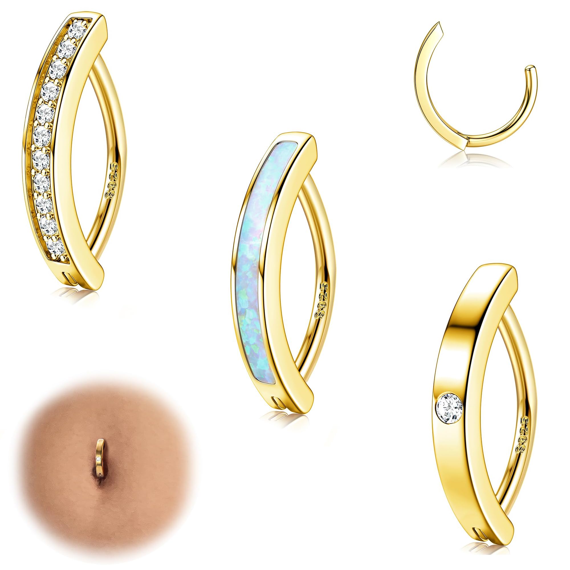 FIOROYAL 3 Piezas Piercing Ombligo Anillo 14G para Mujer, Anillos para Ombligo Plata de Ley 925, Anillos para Ombligo Aro Ópalo Cz, Joyería para Piercing Ombligo con Curvatura Inversa Simple