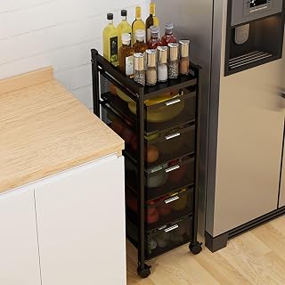ZYJIX Metal Rolling Kitchen Cart - Trolley De Almacenamiento Multipropósito con Ruedas Cerrables Y Cesta De Malla - Ideal para Organizar Suministros De Cocina Y Más(Size:5 Drawer,Color:Negro)