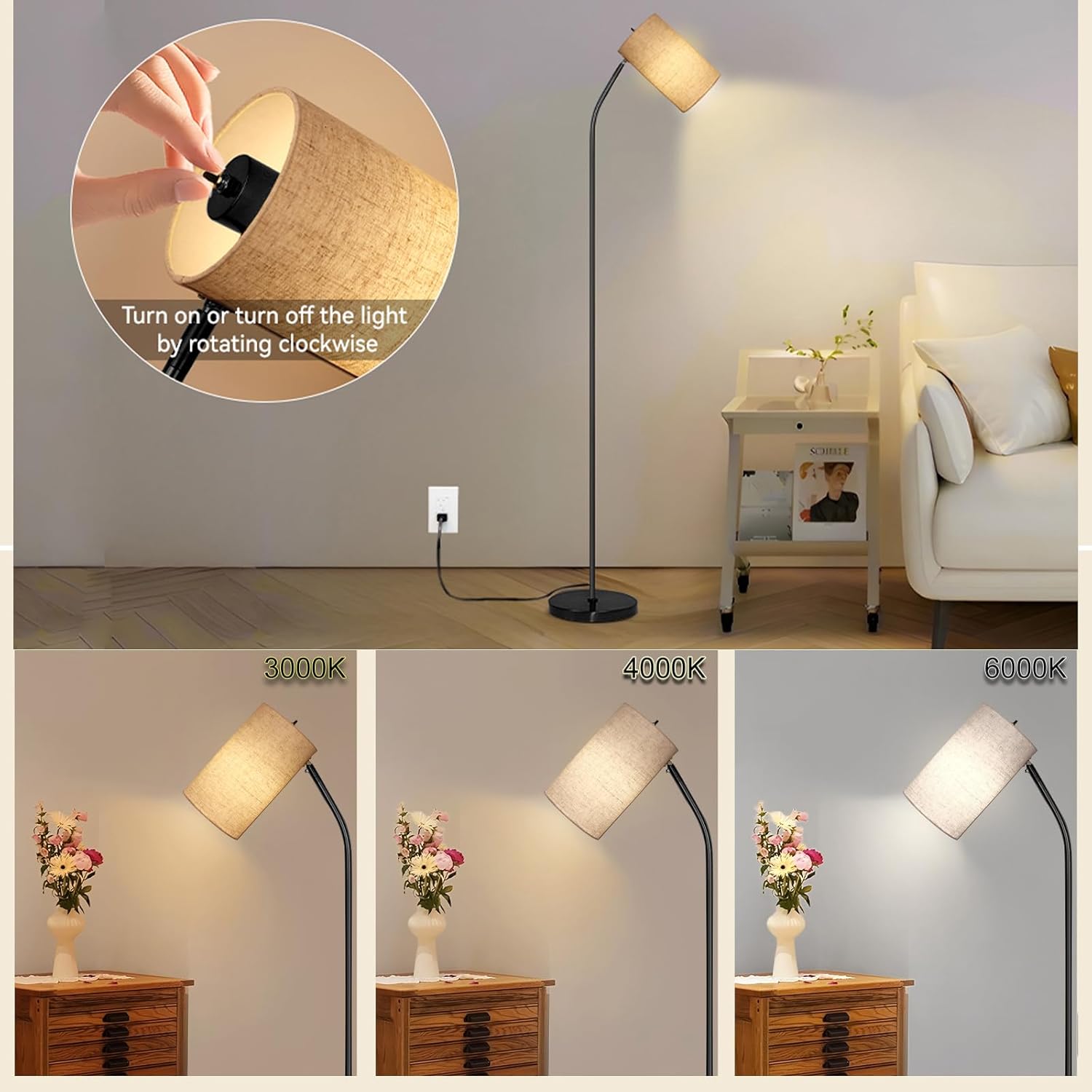 Ldeco Arc Floor Lamp for Living Room with 9W 3 Color Temperatures Bulb Modern Reading Standing Lamps for Bedroom,Office,Living Room, LED Bulb Included (Beige/Black/3CCT)
