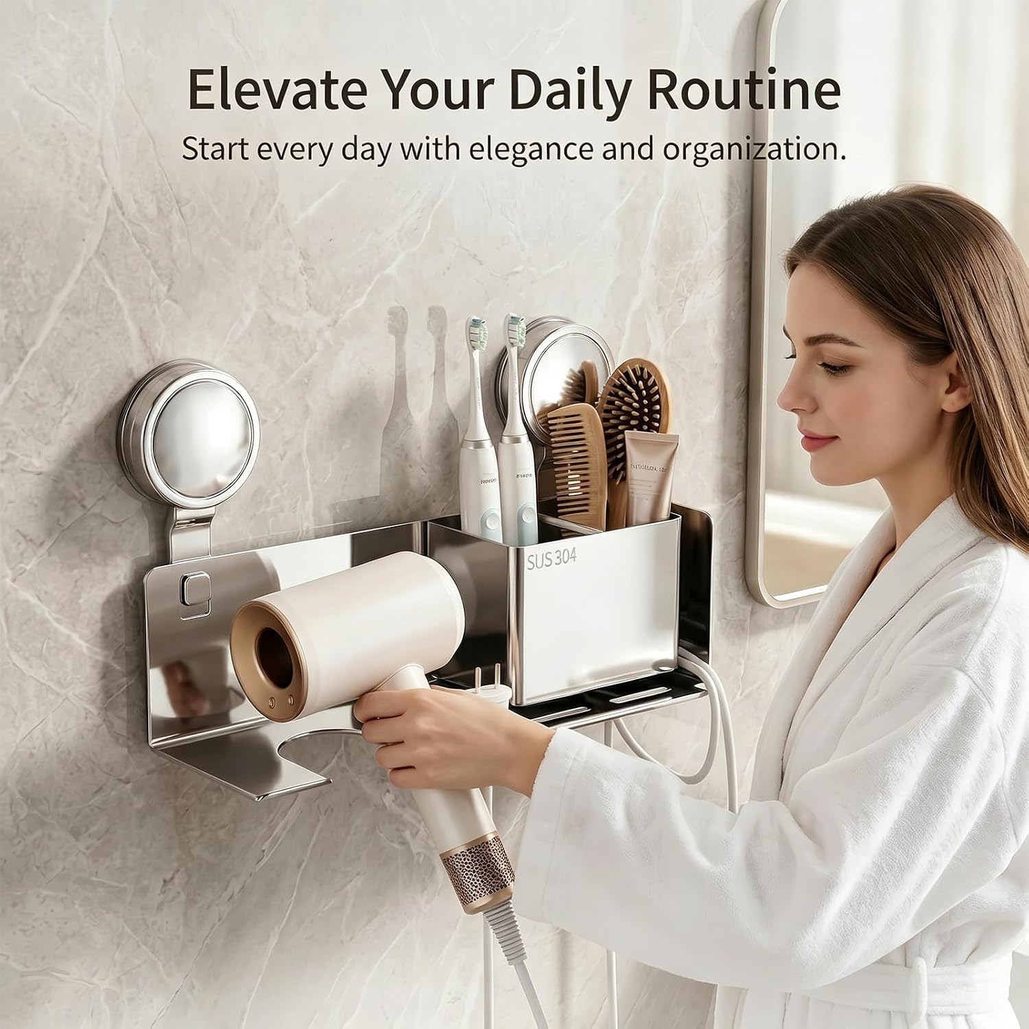 PureBox Suction Cup Hair Dryer Holder, Stainless Steel Wall Mounted Hair Tool Organizer for Bathroom, Modern Blow Dryer Holder with Accessory Caddy, Rustproof Hair Care Organizer for Dyson, Drill-Free