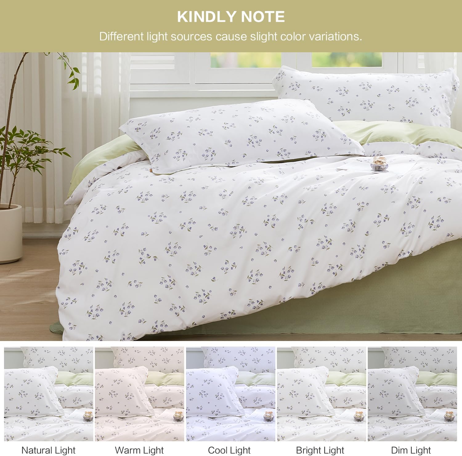 SAPHREAS Queen Duvet Covers White Cute Floral Bedding Set with 8 Corner Ties and 2 Pillow Shams Microfiber Reversible Duvet Cover Set with Zipper Closure，Green