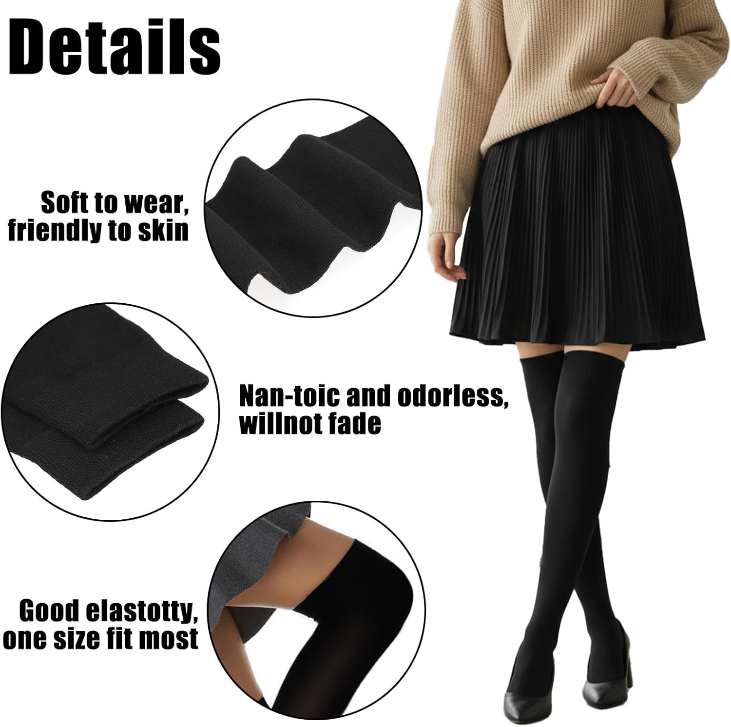 Womens Thigh High Socks, Soft Cotton over the Knee Socks Black Long Knee High Stockings Leg Warmers Stockings for Women, Girls (1 Pair) - Image 3