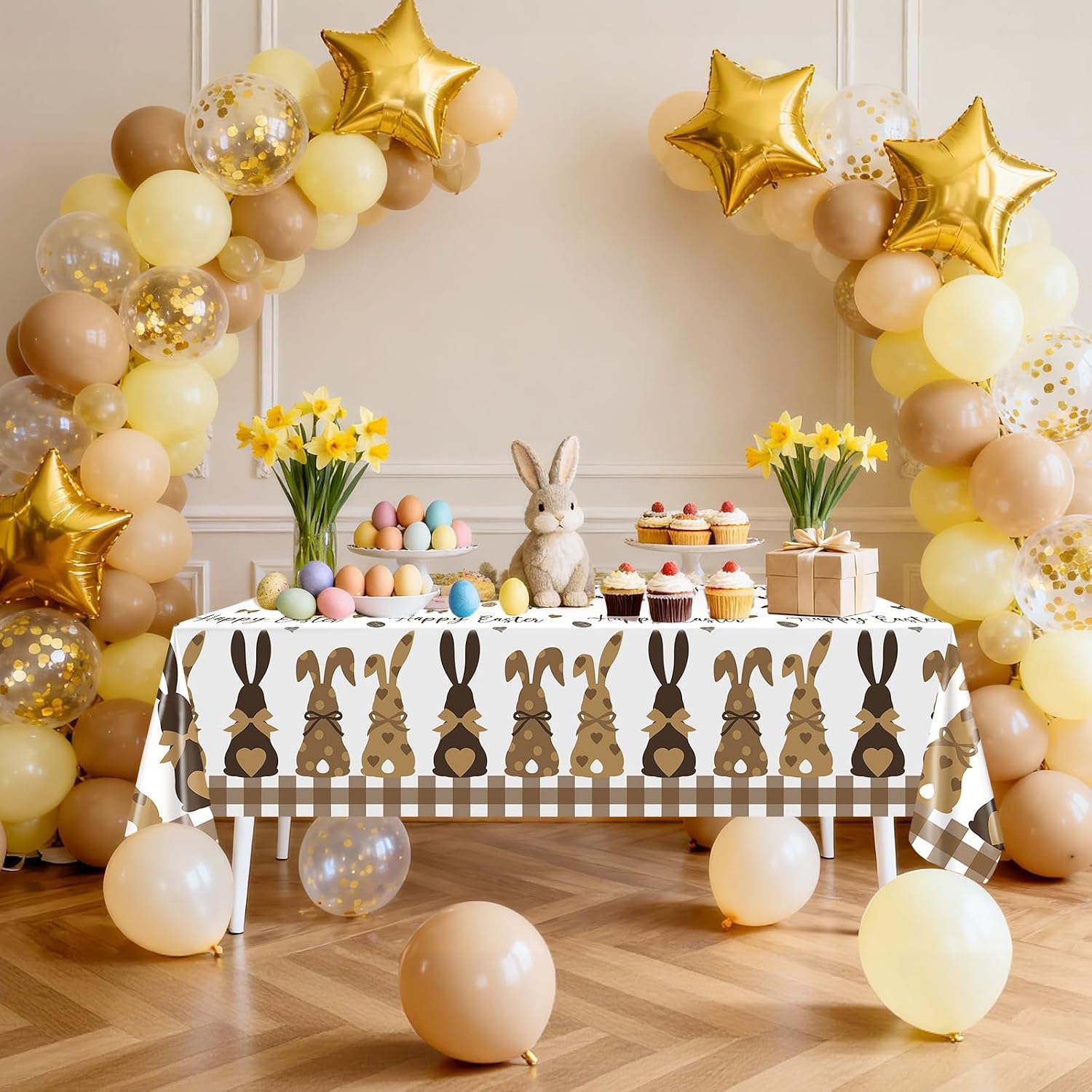 Avezano 6pcs Happy Easter Tablecloth 108 x 54 inch Buffalo Plaid Easter Party Tablecloths Rectangular Brown Bunny Plastic Table Cloth Disposable for Party Decorations