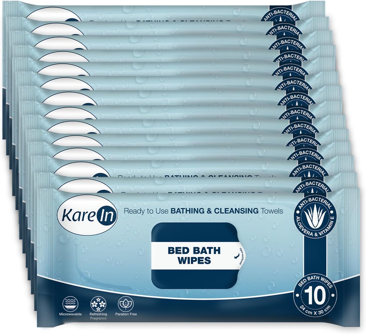 KareIn Bed Bath Wipes, Adult Wet Wipes, 120 Wipes, Anti-Bacterial, Ready to Use Cleansing Towels, Refreshing Sponge Bath Towel, For Men & Women, Pack of 12 (10 Wipes Each)