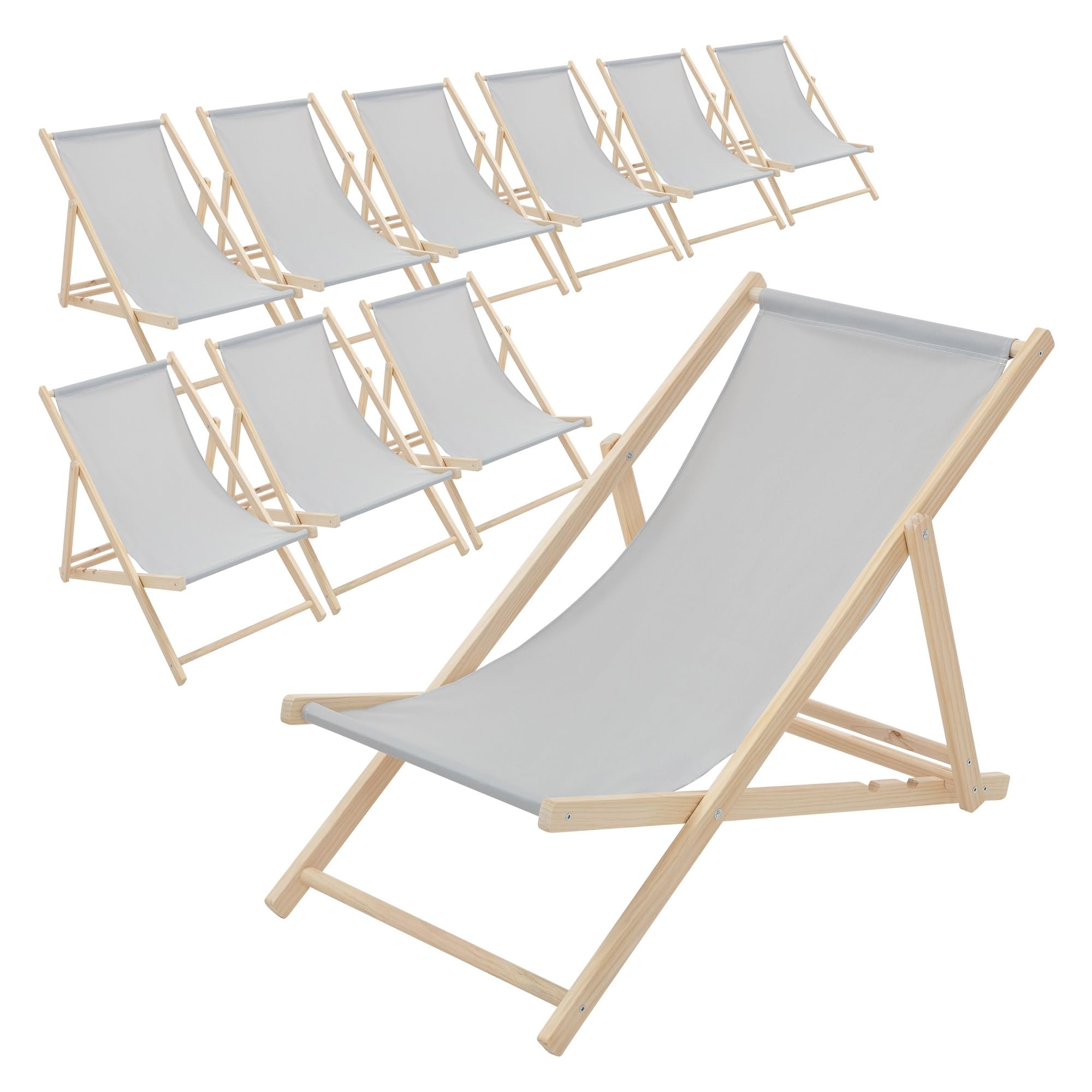ECD Germany 10x Sedie a Sdraio Pieghevole in Legno con Tessuto Traspirante Grigio Chiaro Schienale Reclinabile in 3 Posizioni, Lettino Relax con Portata 120 kg per Spiaggia, Giardino e Terrazza