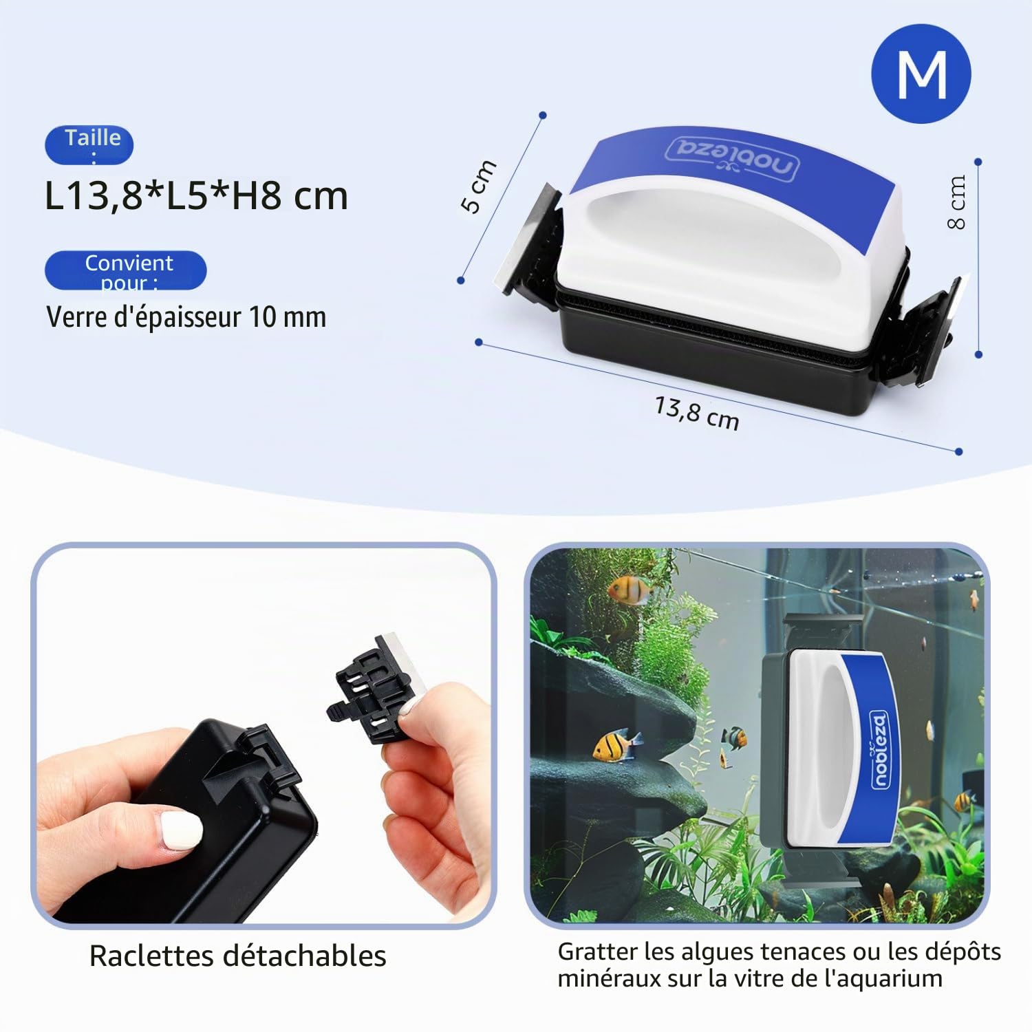 Nobleza - Double Aimant Nettoyeur Aquarium, Grattoir Magnétique Puissant pour Vitres d'Aquarium, Nettoyeur d'Algues Flottant sans Rayures pour Aquarium, Taille M (L13.8 x W5 x H8CM)