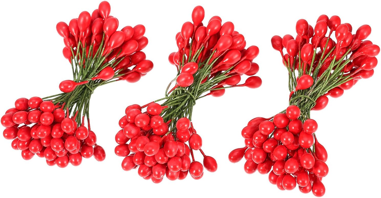 BBTO 300 Pcs Holly Berries 150 Wire Stems Xmas Wreath,Dark Red,Red,Gold