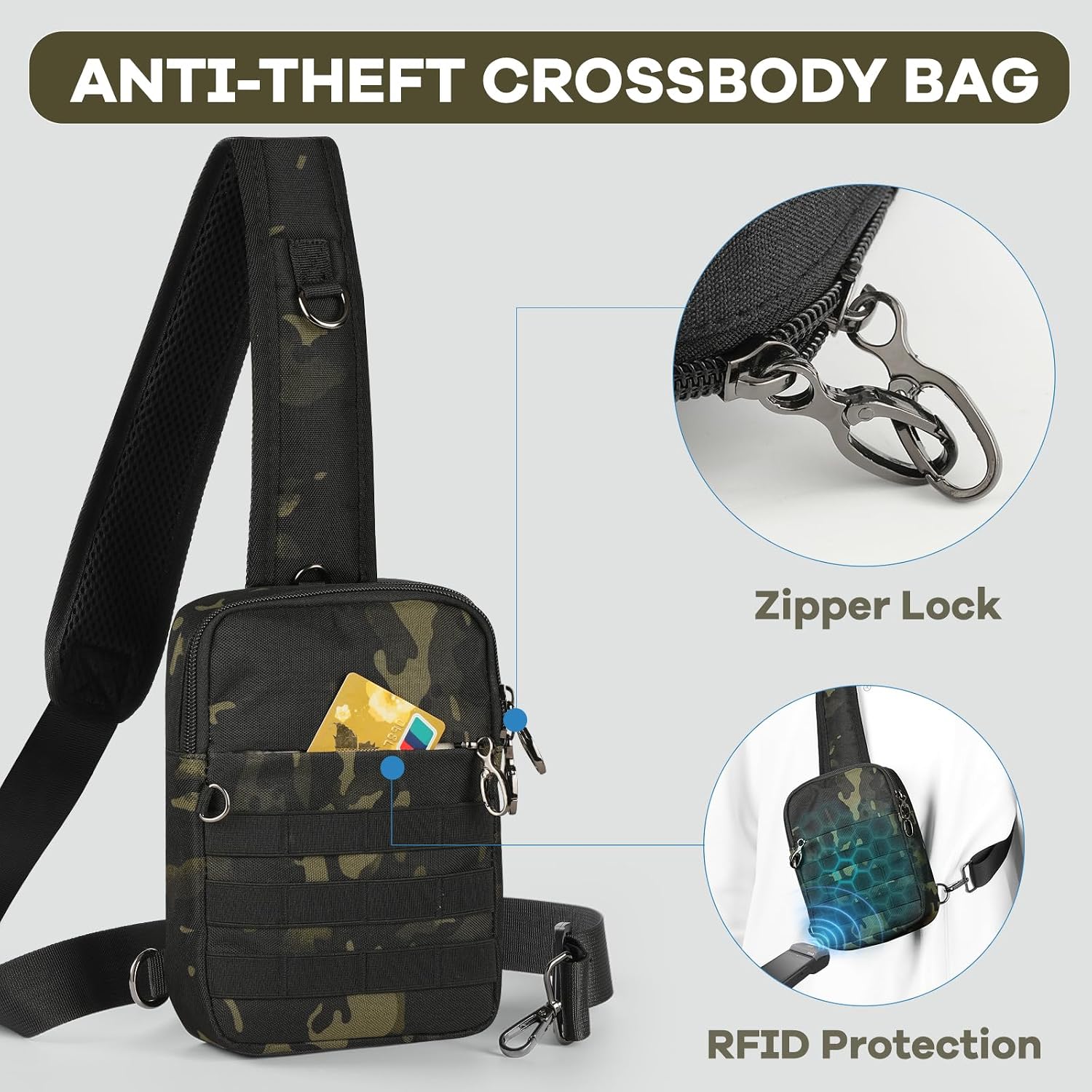 Sling Bag, Tactical Anti Theft Crossbody Bag with Zipper Lock RFID EDC Small Chest Bags for Men Women(Camouflage) image 2