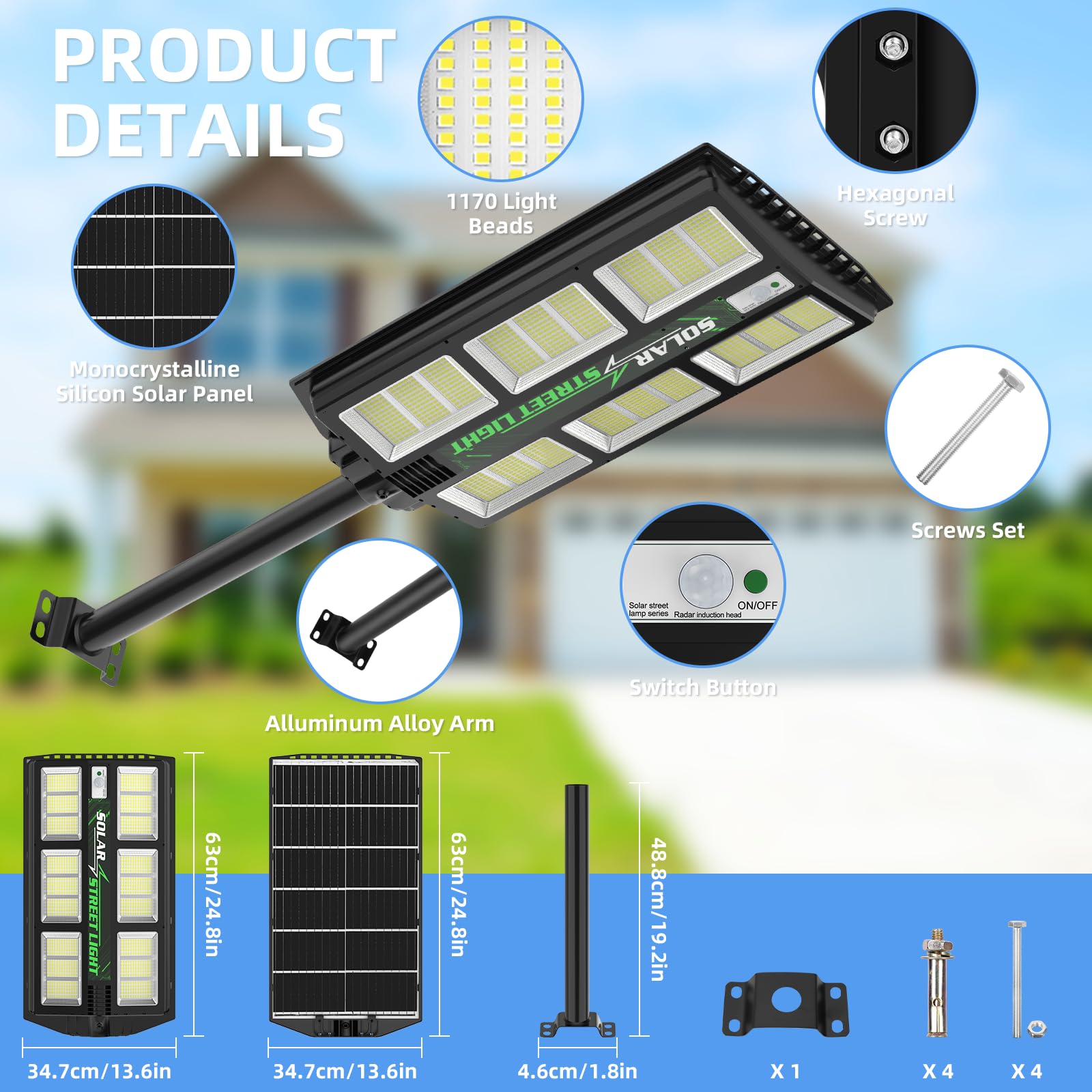 Viugreum Farolas Solares Exterior 1200W, Farola Potente con Control Remoto, IP65 Impermeable Luz Solar Exterior, 1170LED 6500K Foco Solar Exterior Sensor de Movimiento, Luz de Seguridad Jardín Patio