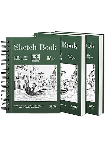 Sketch Book 5.5 X 8.5 inch, Artist Sketch Pad (Pack of 3), 300 Sheets (68lb/100gsm) Spiral Bound Sketchbook, 100 Sheets Each, Acid Free Drawing Paper, Suitable for Adults & Teens - Green - 5.5-x-8.5-inch:3 Pack