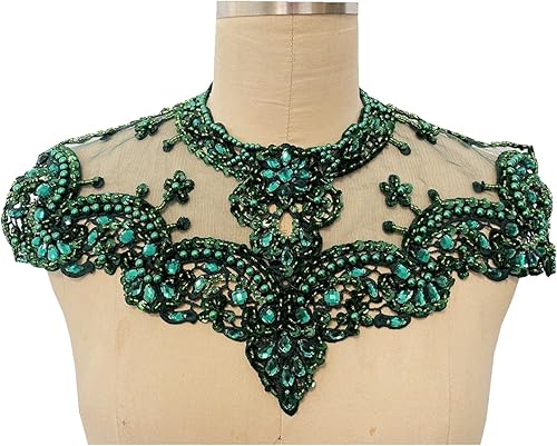 Zbroh Parches de encaje Trin hechos a mano con diamantes de imitación para coser cuentas de lentejuelas apliques para vestido ropa escote (verde