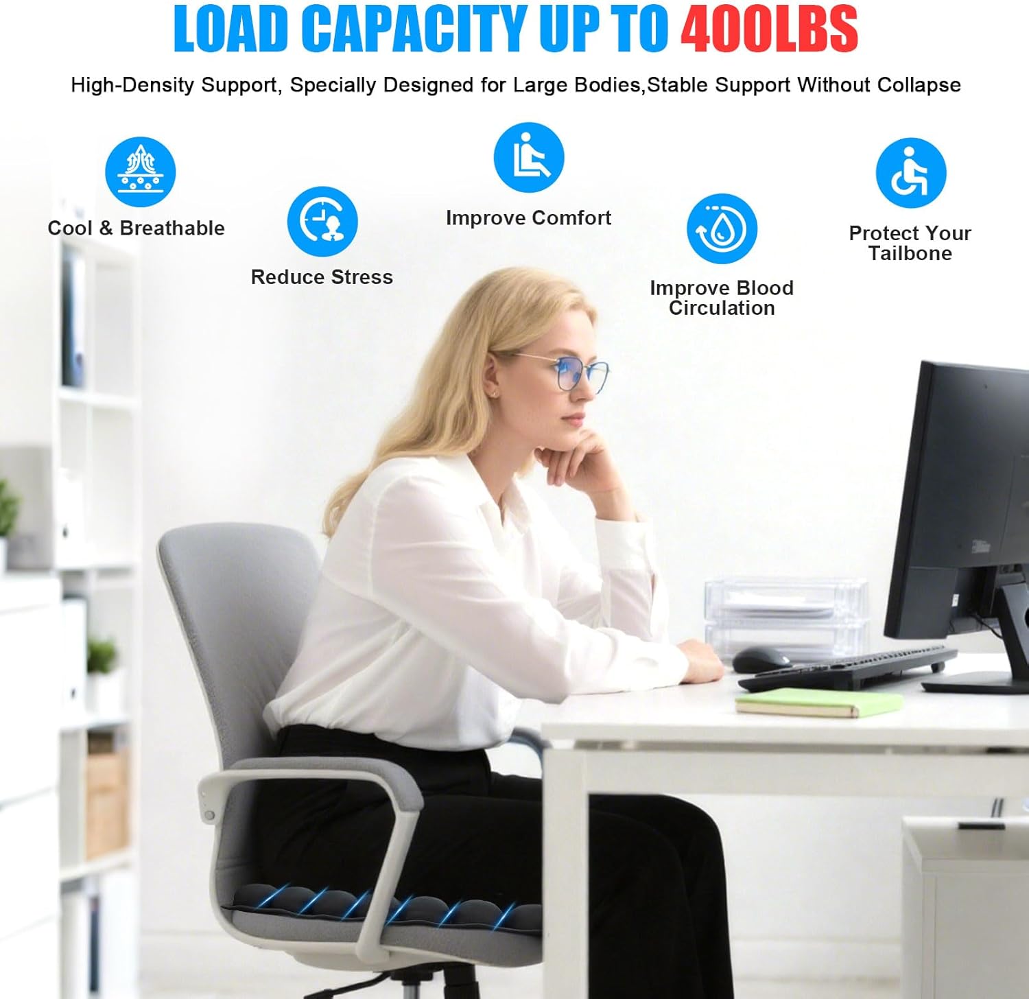 56 3D Air Cell Seat Cushion, Inflatable Travel Seat Cushion for Airplane,Office Chair, Wheelchair, Cars, Home Living, Comfortable Pressure Relief Tailbone Pain Relief (Black, 16"x18") - Image 2