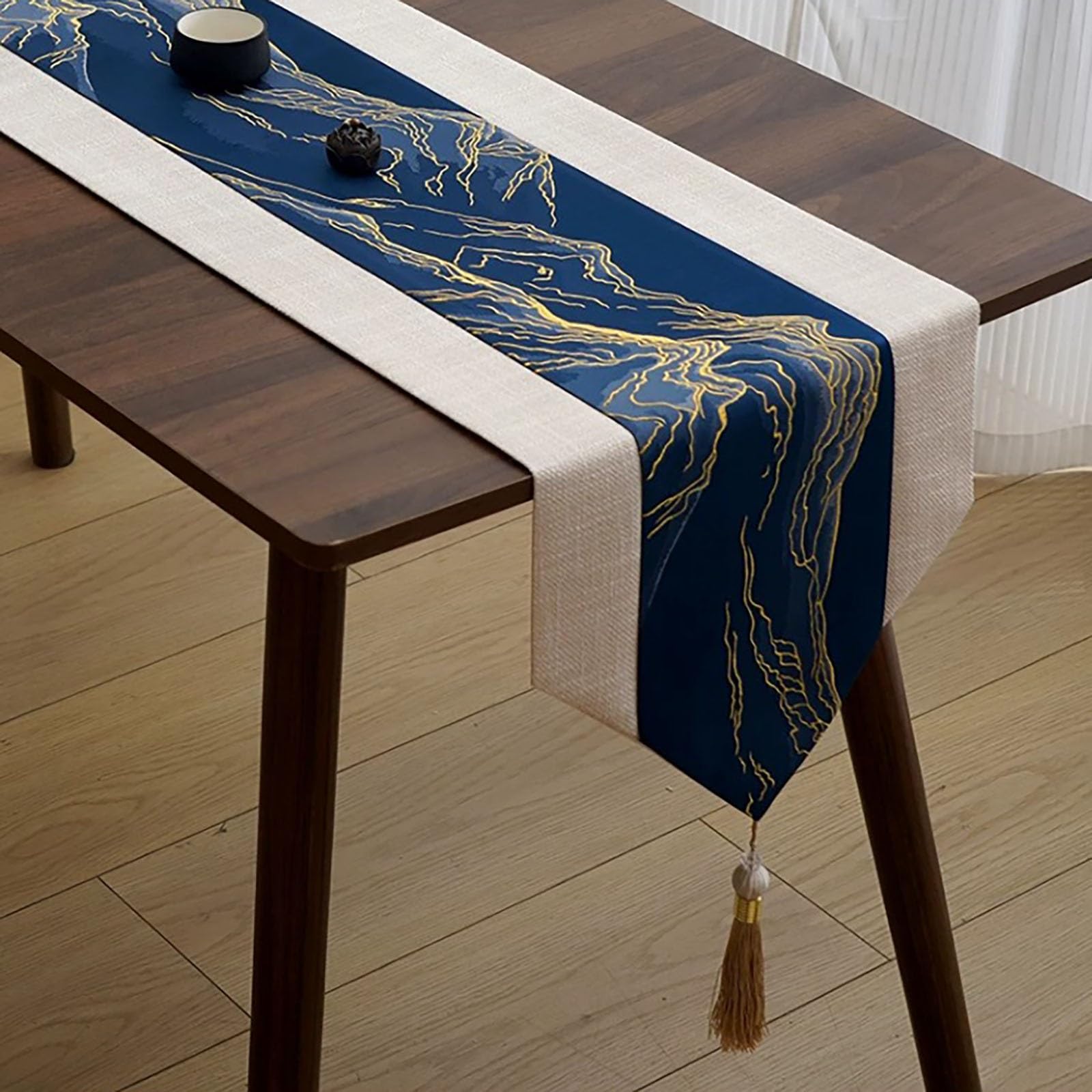 New Chinese Zen Table Runner, High Density Landscape Jacquard Cotton Linen Scarf With Exquisite Tassels, Decor For Dining Table, Tea Table & TV Cabinet(Blue,280cm/110.2in)