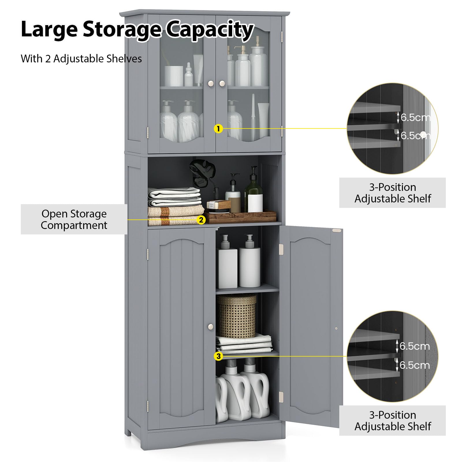 LIFEZEAL Armario Alto para Baño Independiente con Puertas de Cristal, Armario de Baño con Estantes Ajustables, Organizador de Almacenamiento para Cocina, Salón, Oficina, 60 x 30 x 164 cm (Gris)