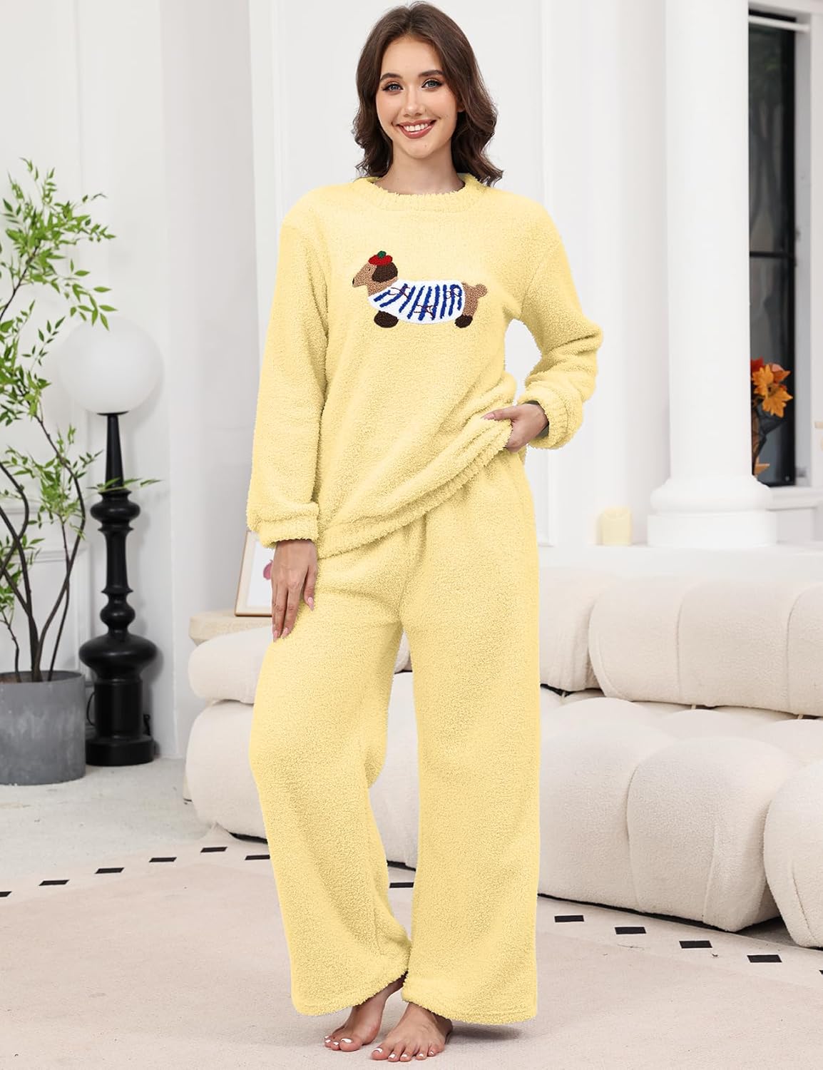 Yimoon Women' s Fluffy Fleece Pajama Set Pullover Pants Winter Dachshund Fuzzy 2 Piece Plush Pjs Warm Loungewear Sleepwear - Image 2