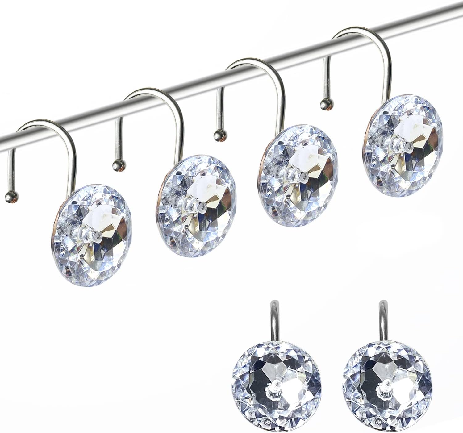 Romantic Angels 12PCS Shower Curtain Hooks Rings for Bathroom, Stainless Steel Rust Resistant Decorative Rhinestones Shower Curtain Hooks for Shower Curtains and Shower Rod (Silver)