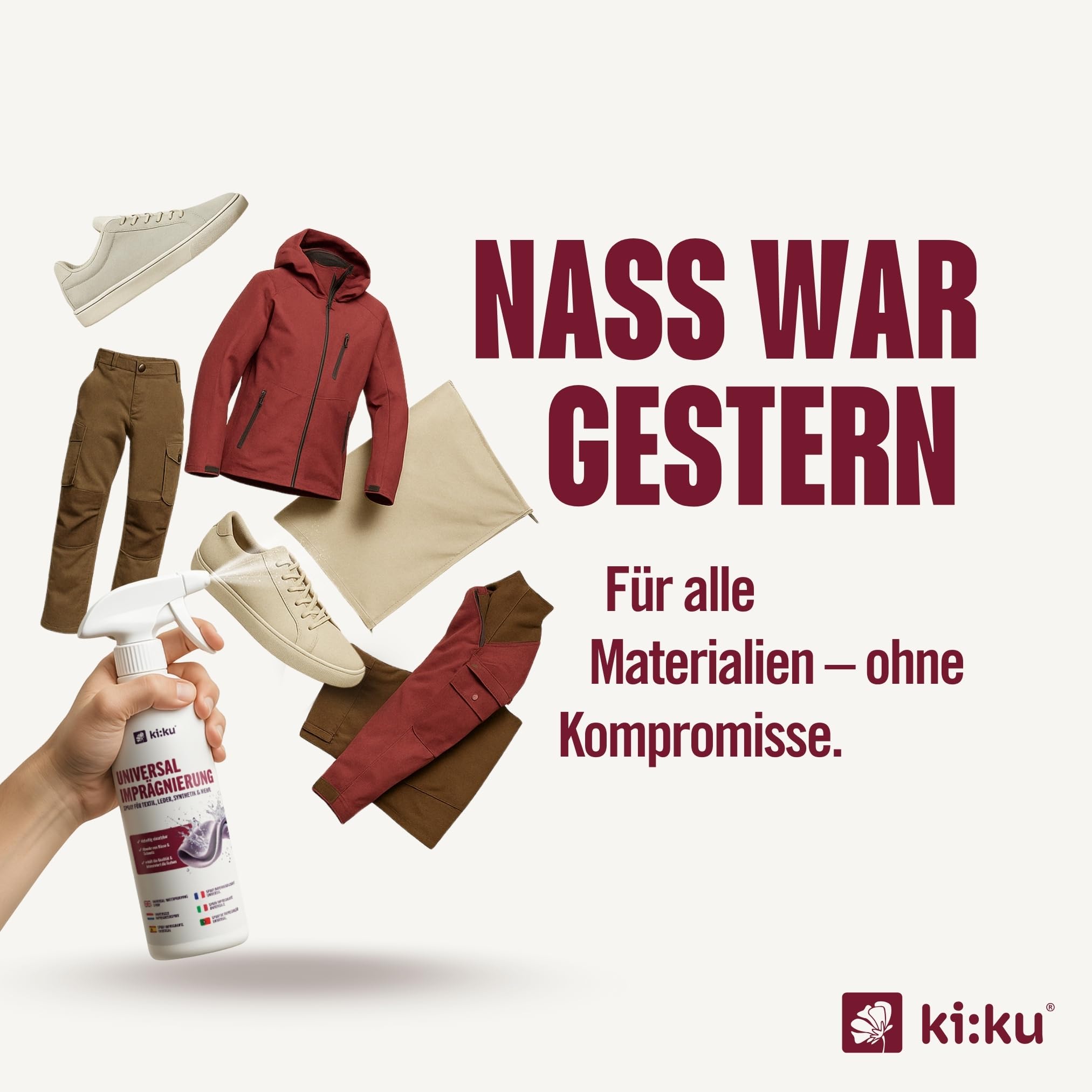 ki:ku Universal Imprägnierung | Imprägnierspray Schuhe, Jacke, Gore-Tex, Zelt, Wildleder, Polster | wasserabweisend atmungsaktiv Fleckenschutz
