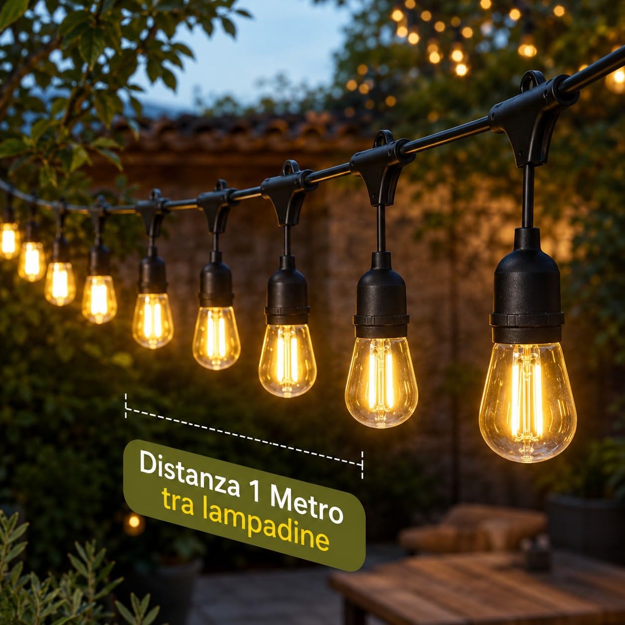 Catenaria Luci da Esterno E27 Collegabile per Giardino, Terrazzo Pergola 50mt Catena Luminosa Professionale IP54 con Portalampade Distanziati 1 Metro, Spina Schuko, Senza Lampadine (5000, Centimetri)