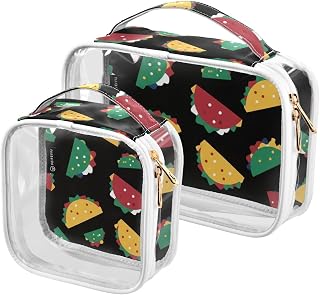 Tacos Food Black Pattern Clear Makeup Bags TSA Approved Toiletry Bag for Women Men Cosmetic Bags with Handle Carry On Airport Travel Bag for Toiletries Cosmetics, 2 Pack