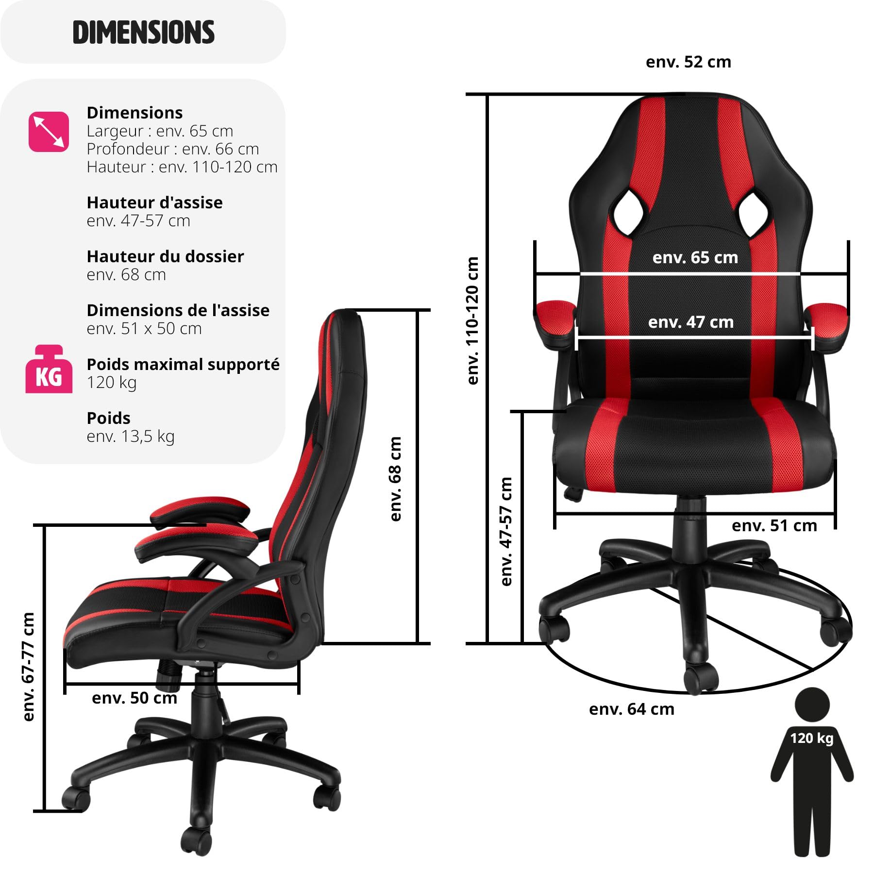 tectake Chaise de Bureau Fauteuil siège Racing Sport Tissu - diverses Couleurs au Choix - (Noir-Rouge | No. 403490)