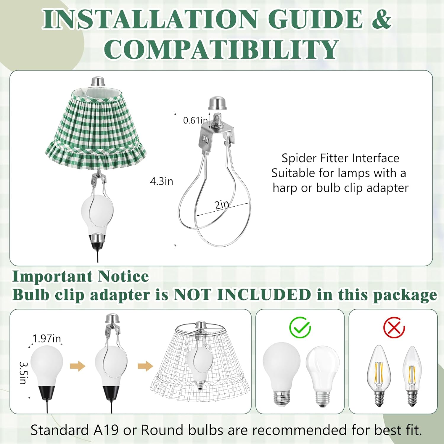 Condition photo showing New/Like New for vihose gingham plaid pleated lamp shades set of 2, green white ruffle fabric lampshade, spider fitter for farmhouse table chandelier vintage living room bedroom decor