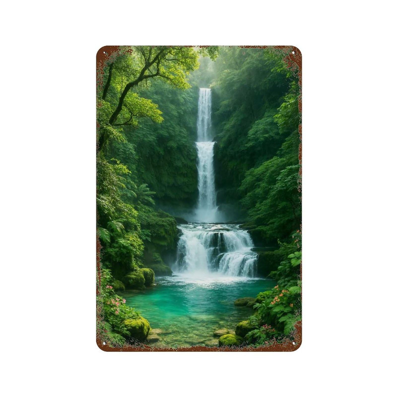 Rust Effect Lush Waterfall in A Green Forest Rustic Tin Plaque 11.8"x7.9", Classic Wall Plaque for Shed, Workshop And Garage Wall Decor