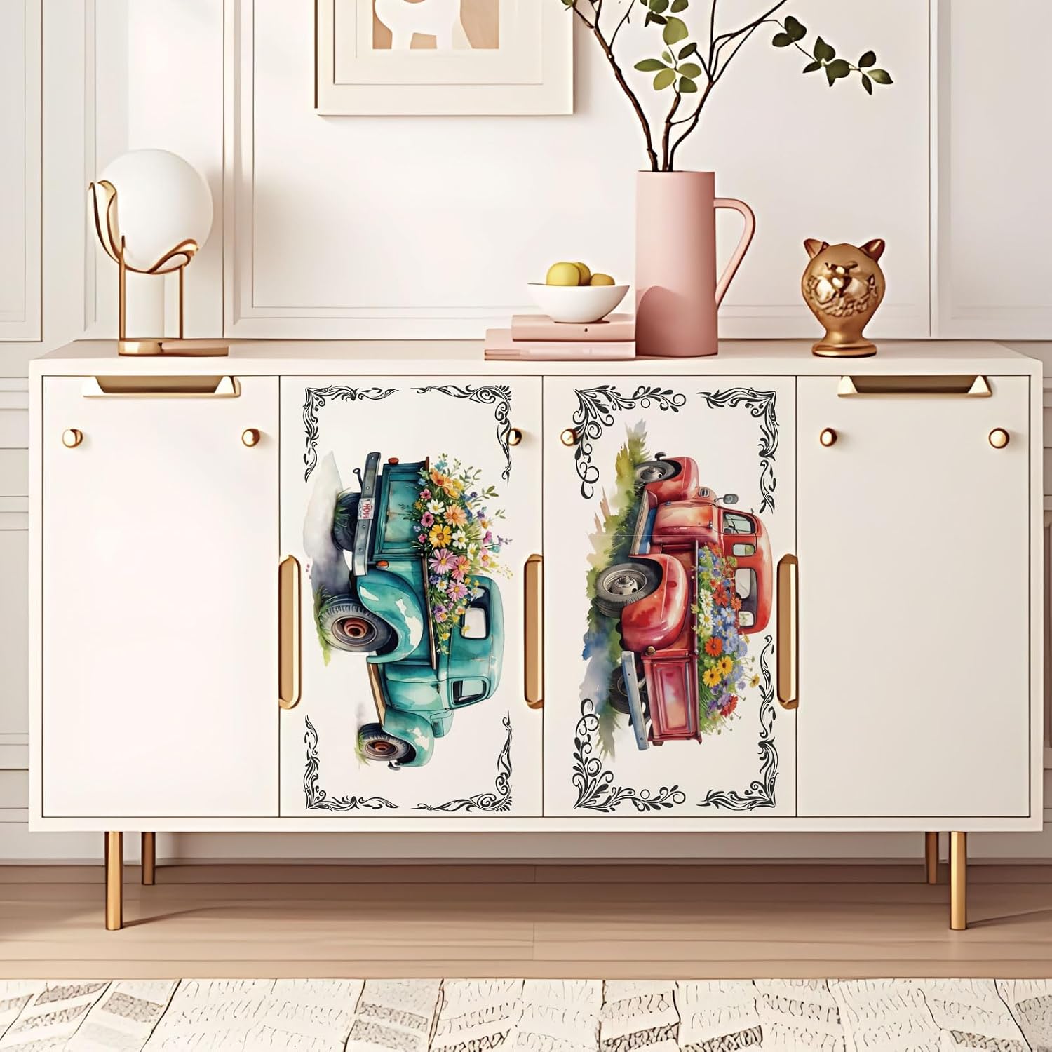 3 Sheets 3 Styles Rub on Transfers Decals Truck Flower Furniture Transfer Stickers PVC Waterproof Decorative Self Adhesive for Desk Cabinet Dresser Decoration DIY Crafts Home Decor