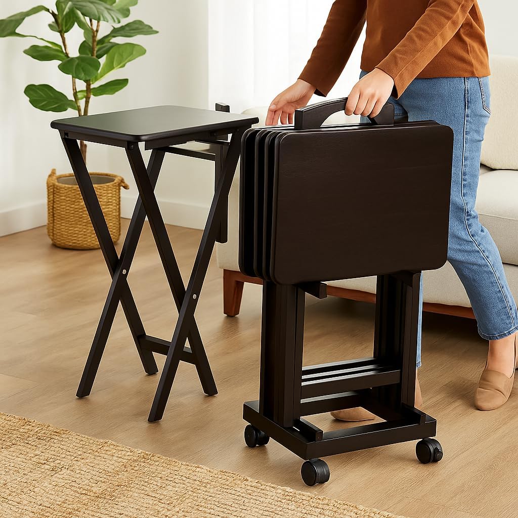 Casafoyer Dylan 5-Piece Oversize Snack Table Set, Brienda Wood Lacquered Finish, Foldable TV Trays with Storage Stand, Compact and Portable Design for Living Room, Dorm, Apartment, or Small Spaces