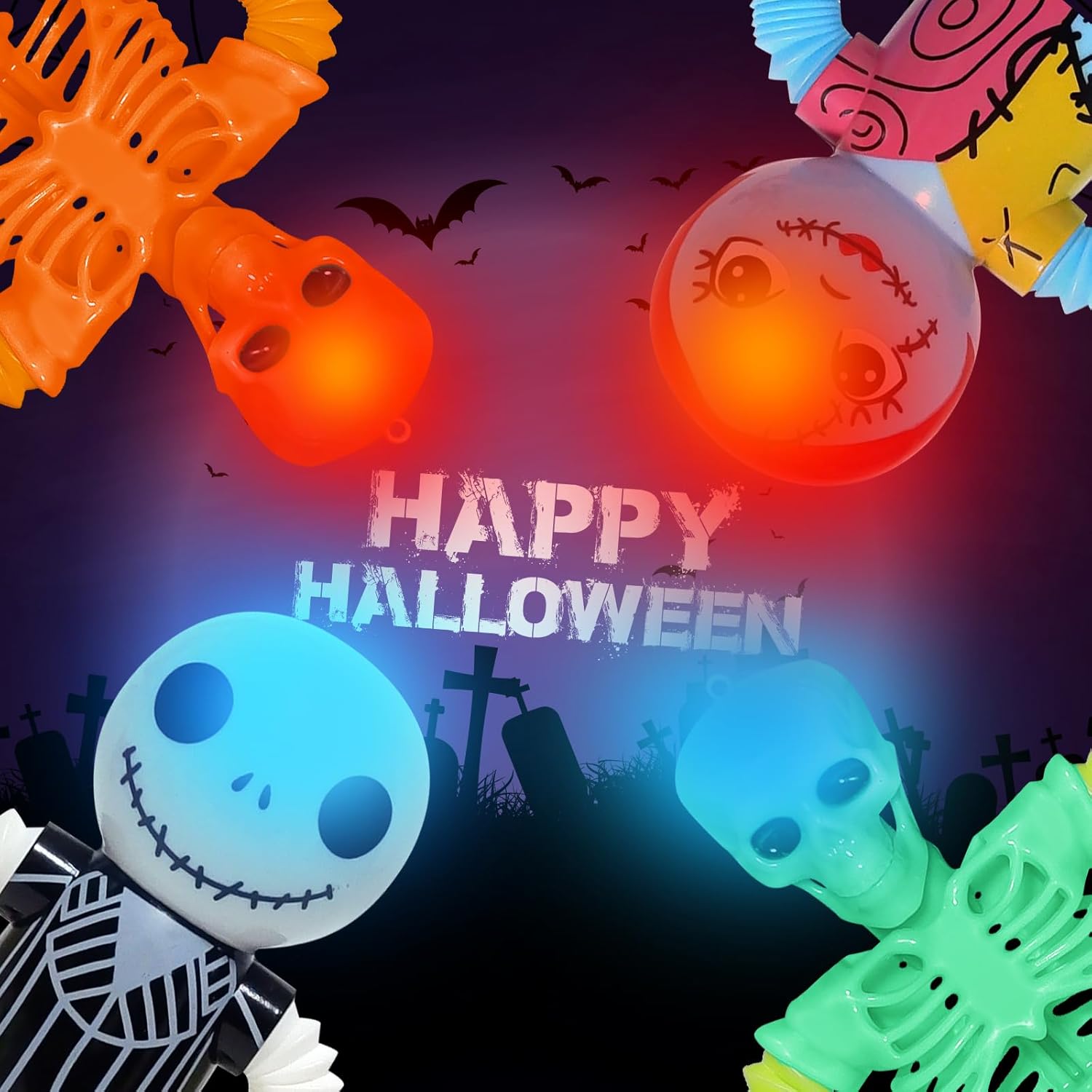 Halloween Skeleton Pop Tubes LED Light Up 4 Pcs, Halloween Sensory Fidget Toys, Telescopic Suction Cup Autism ADHD Halloween Party Favors Goodie Bags Basket Stuffers Trick or Treat Toys for Kids 6+