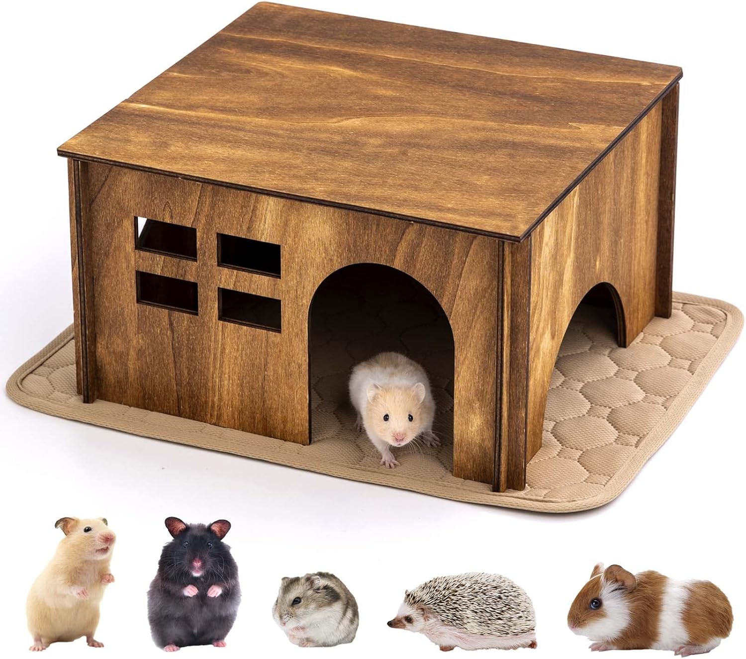 Guinea Pig Hideout and House with Liners, Easter Guinea Pig Accessories 2 Doors & Bottomless Wooden Hut with Washable Pee Pad Warm Room…