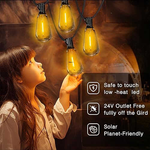 Miniatura 6 de DAYBETTER Guirnalda de luces solares de 100 pies para exteriores, impermeable, 50 bombillas de 2700 K, blanco cálido, ahorro de energía, luces