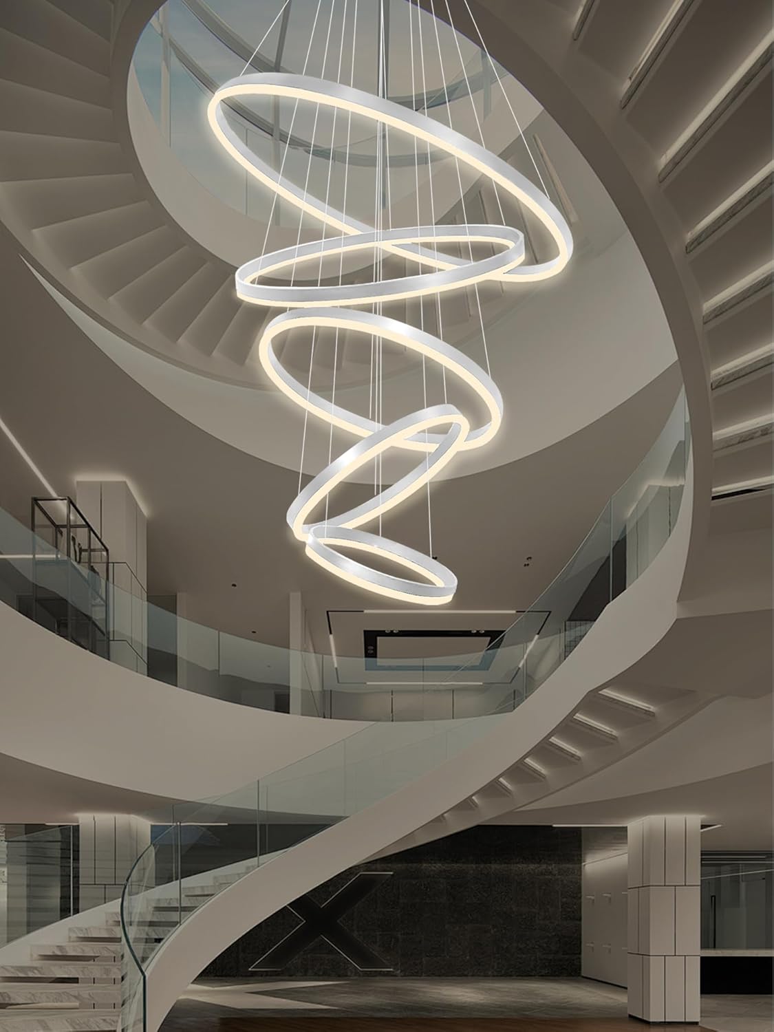 Flashing God Large Chandeliers for High Ceilings, H118 Foyer Chandeliers Entryway High Ceiling Chandelier Modern 5 Ring Silver Led Ring Chandelier Light Fixture for Living Room Entrance Staircase