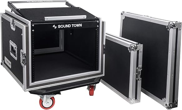 Sound Town Shock Mount 8U ATA Rack Case with 21 Rackable Depth, 11U Slant Mixer Top and Casters, 8-Space Size - Pro Tour Grade STMR-SP8UW