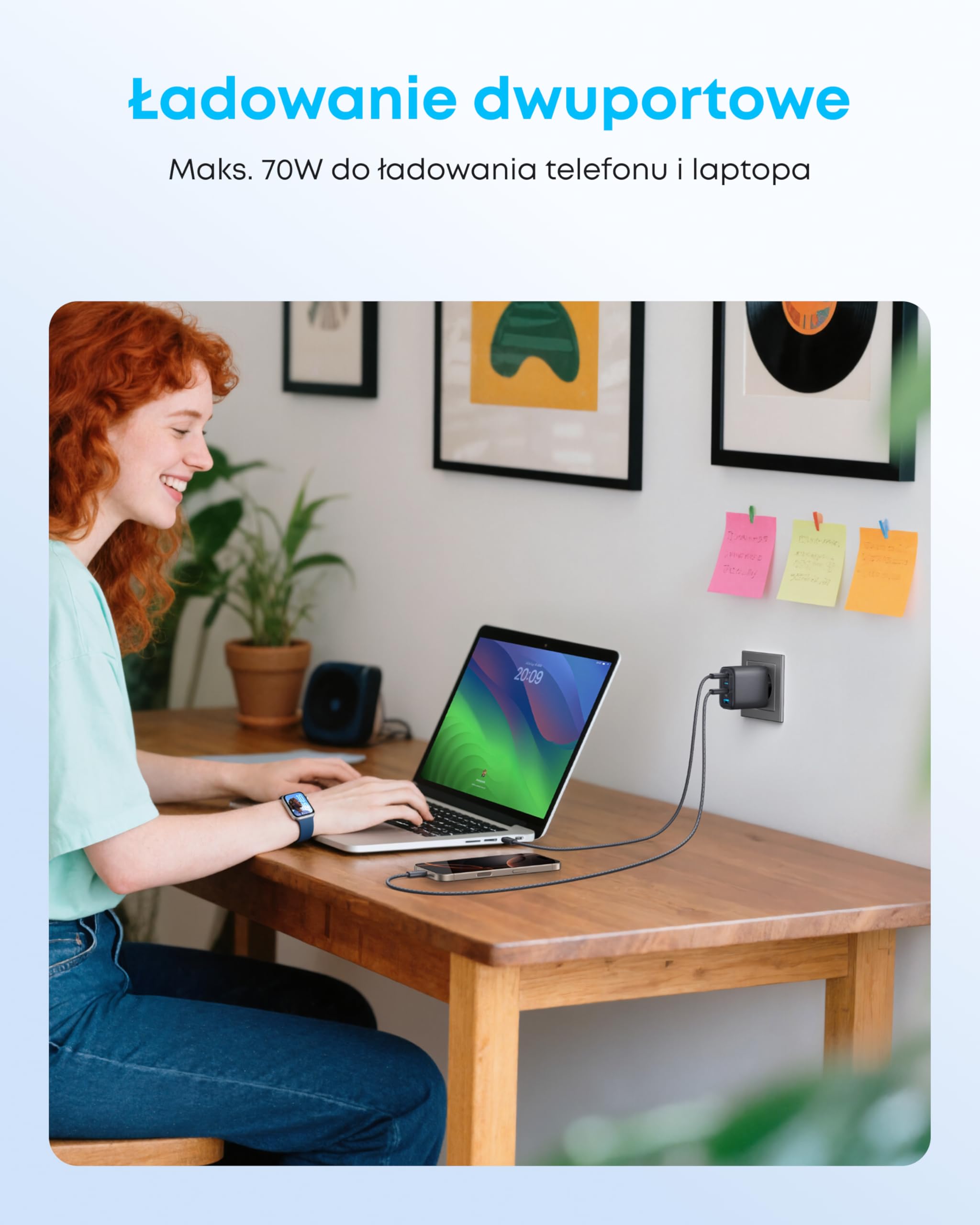 Ładowarka Anker Zolo, 4-portowy adapter ścienny z ultraszybkim wyjściem 70 W, kompaktowa i stabilna konstrukcja, do iPhone'a serii 16/15, MacBooka Air, iPada (kabel nie jest dołączony do zestawu)