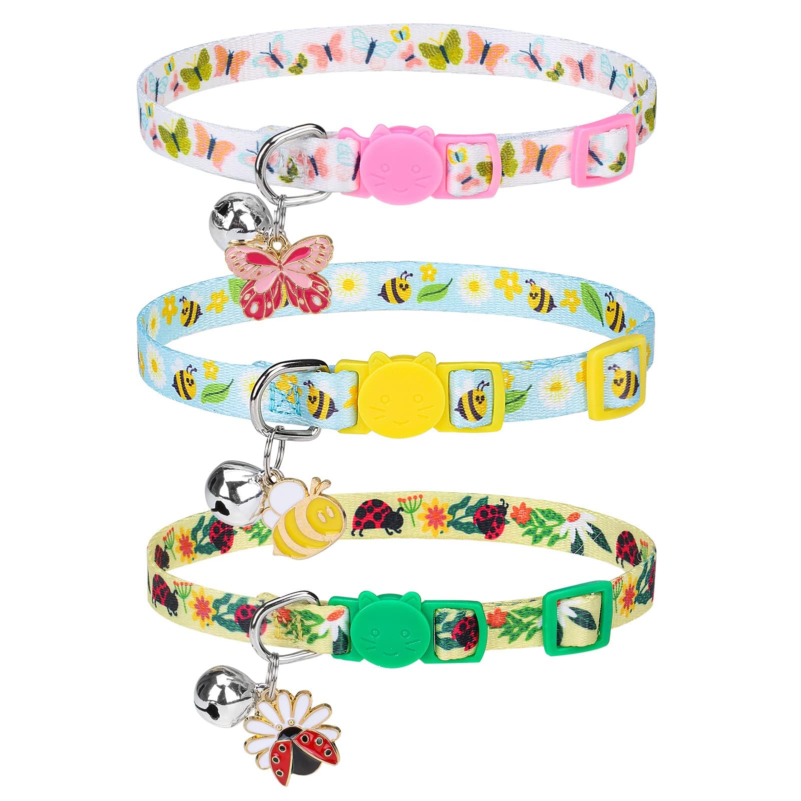 PUPTECK Spring Breakaway Cat Collars with Bell - 3 Pack Pet Collar with Cute Pendants for Girl Boy Kitten Puppy and Small Pets