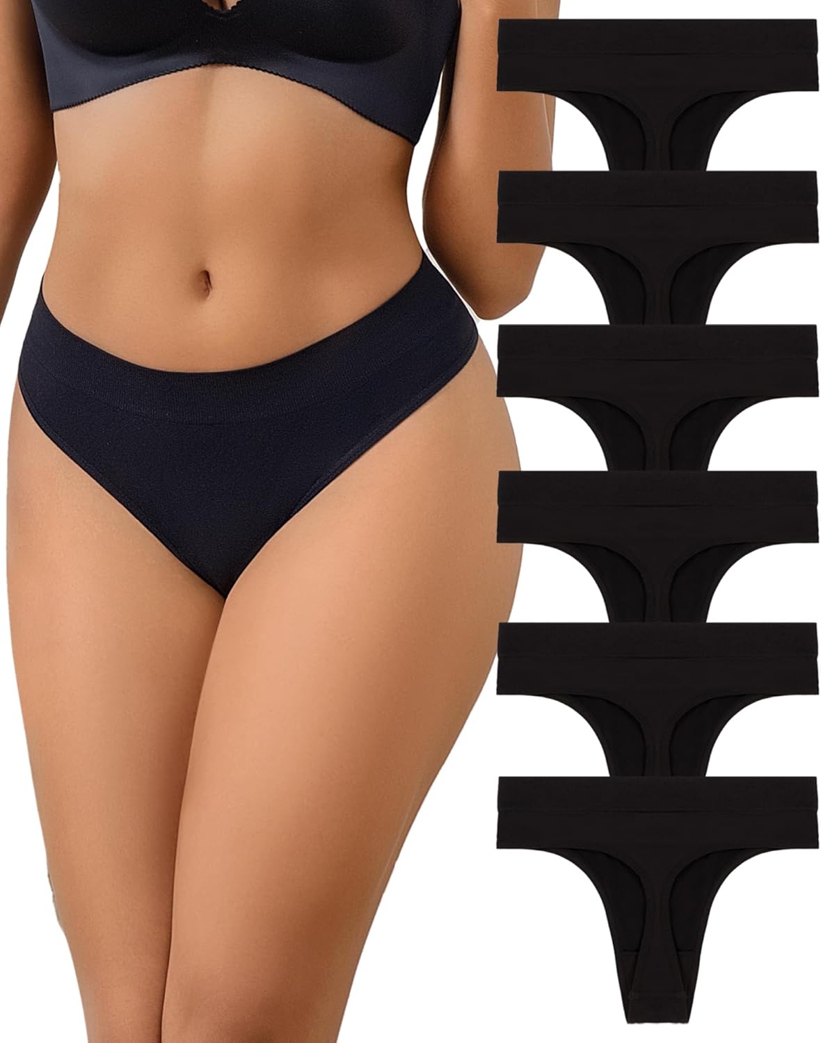 Womens Seamless No Show Thong Underwear, High Waisted G-String, Cotton Gusset, Breathable Stretch, 6 Pack, Black