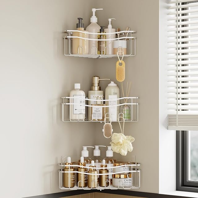 STAHLHEART Chrome Shower Caddy Corner 3-Pack Adhesive Shower Shelves for Inside Shower Rustproof Bathroom Organizer Corner with Built-in