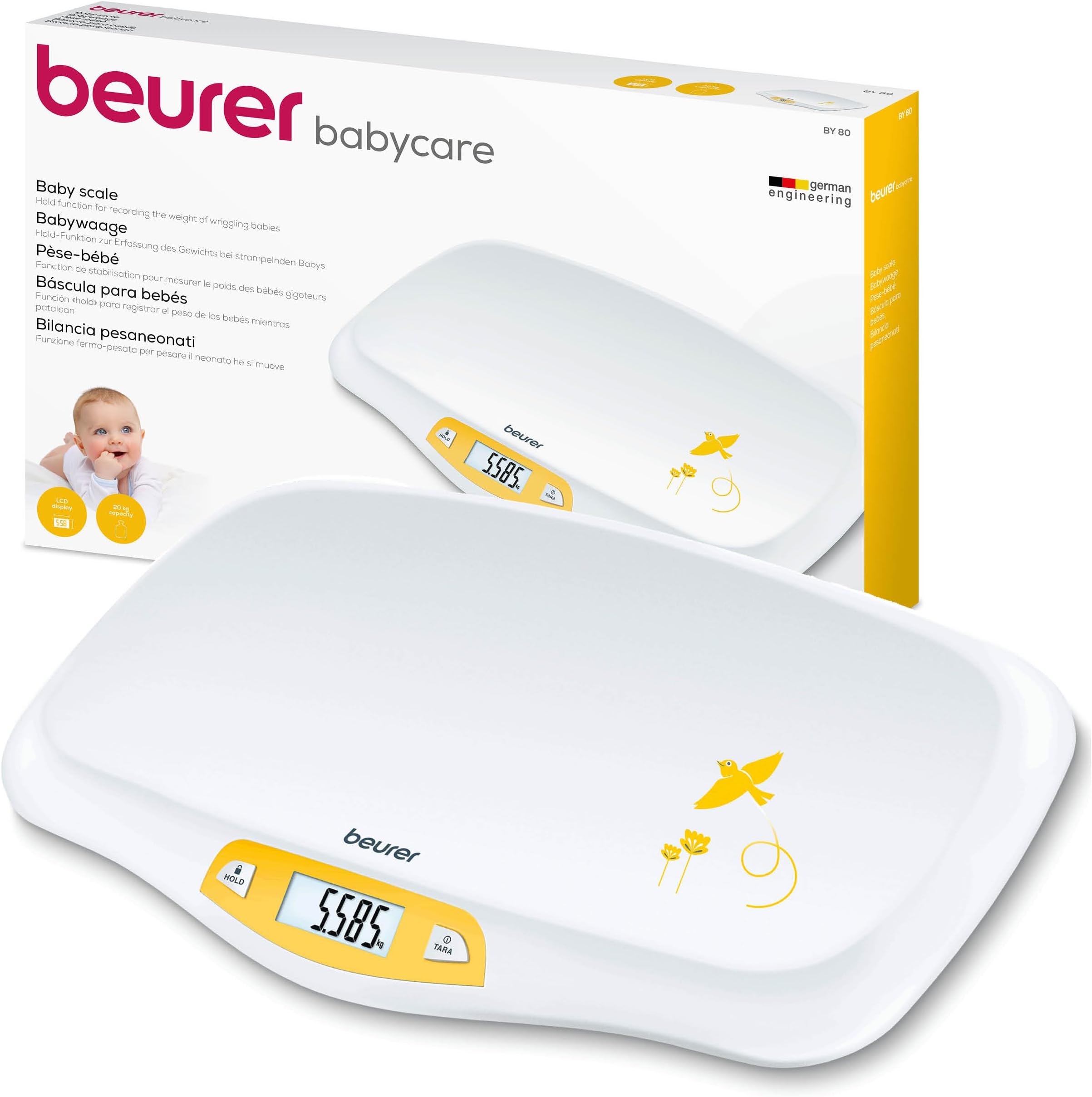 BY80 Baby Scale | Digital baby weighing scale with large LCD screen | Curved platform for comfort and safety | Tare and hold functions for easy weighing | 20kg load capacity | Easy wipe-clean