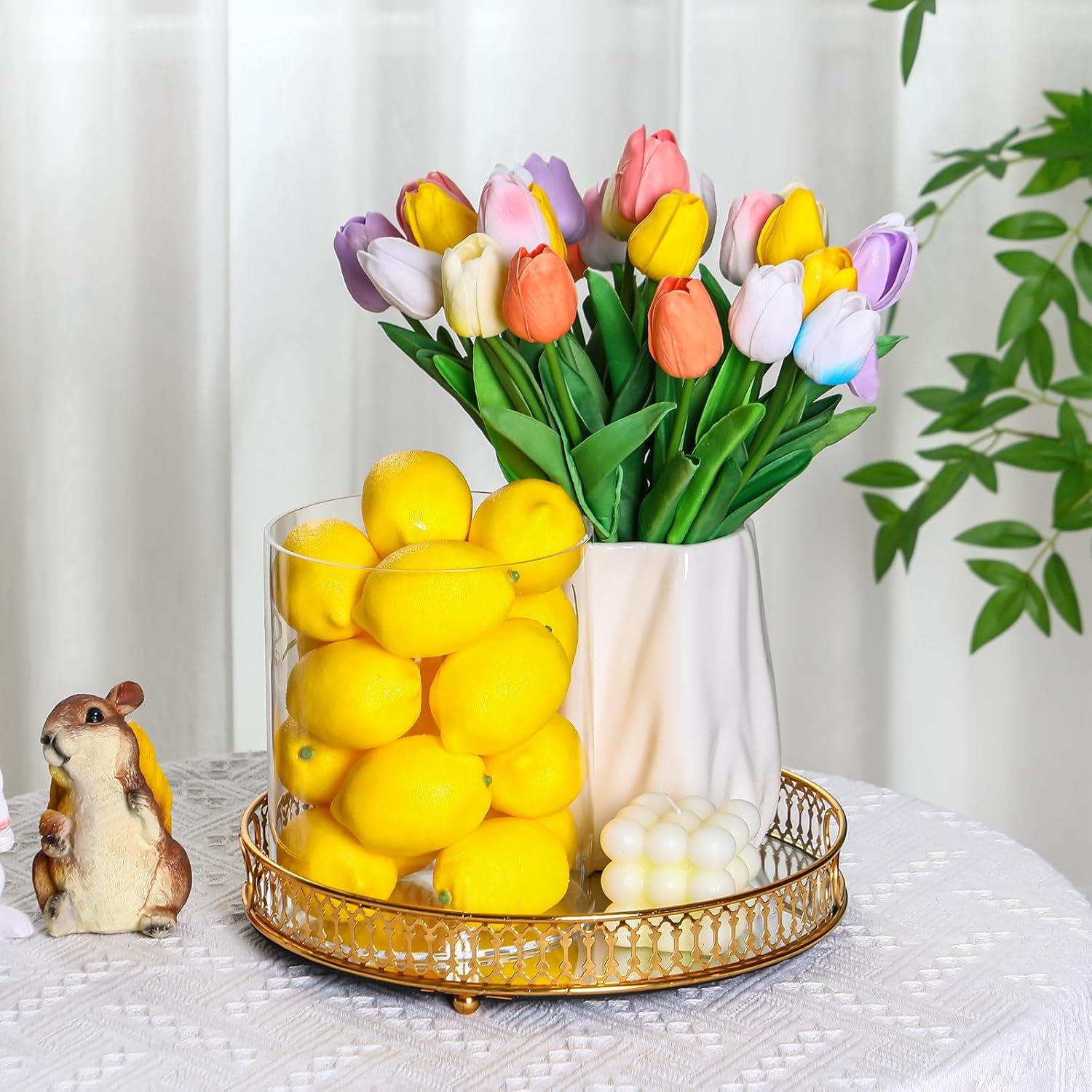 Thiccywoov 72 Pcs Easter Table Centerpiece with 36 Colorful Artificial Multicolor Fake Silk Tulips 36 Artificial Lemons Fake Fruit for Spring Home Centerpiece Decor