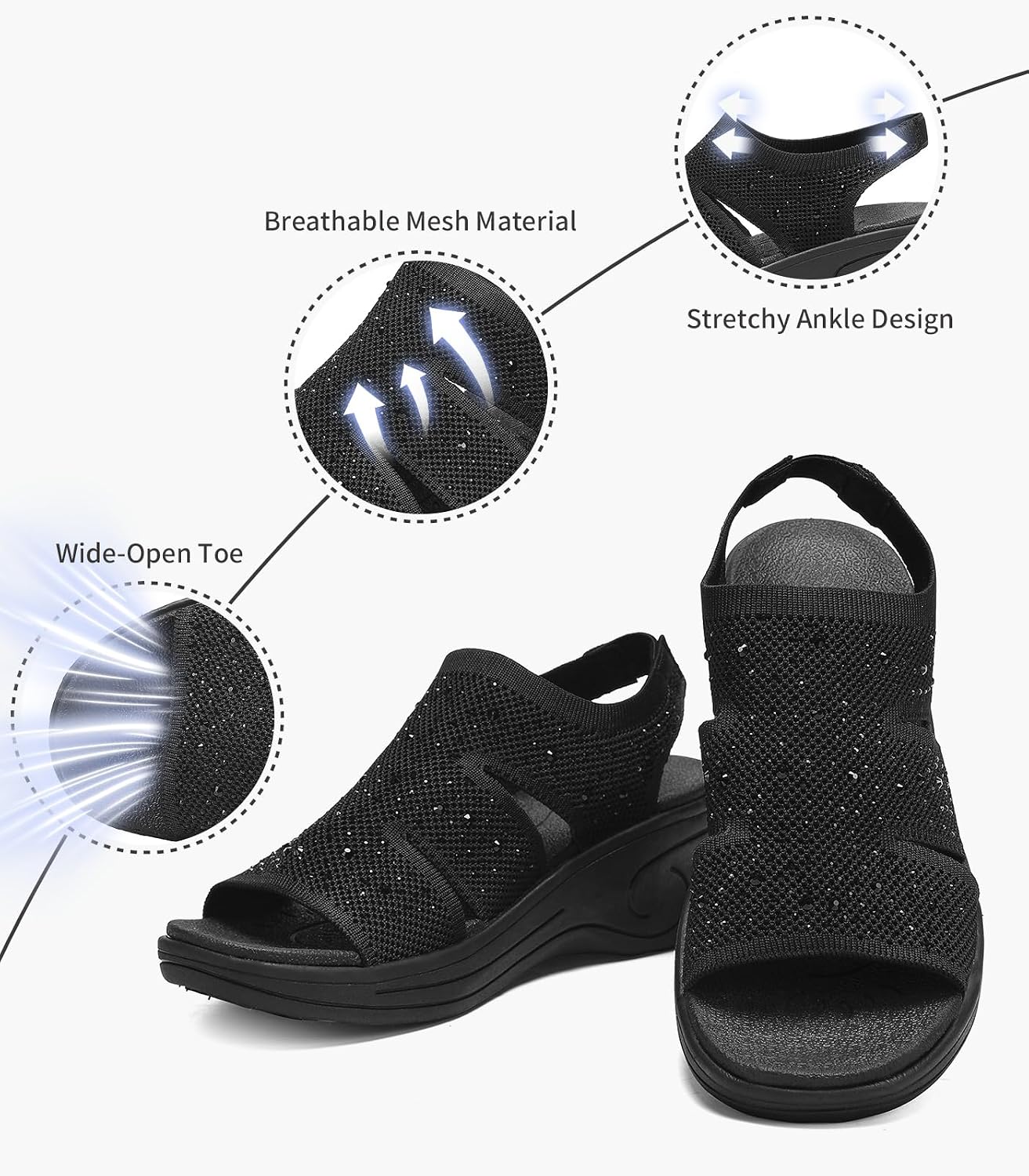 Womens Wedge Sandals Platform Walking Sandals Open Toe Ankle Elastic Strap Casual Comfortable Summer Dressy
