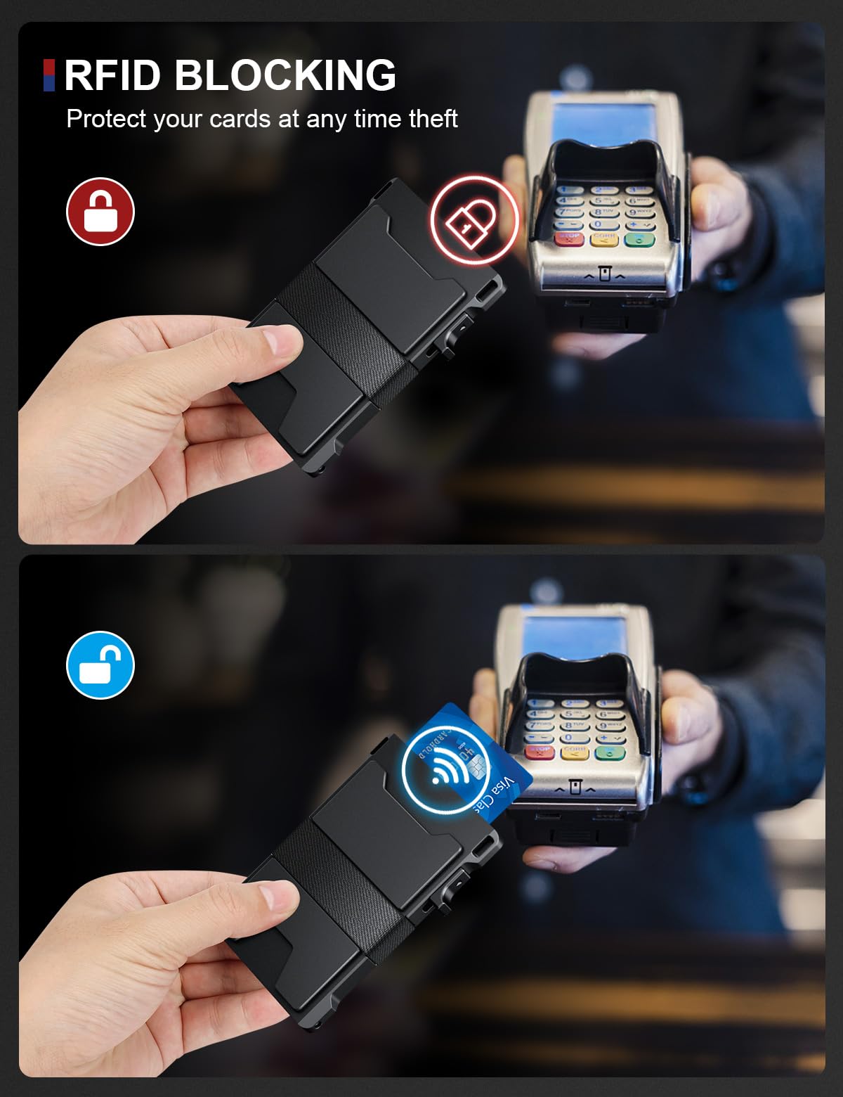 Męskie etui na karty, aluminiowe, minimalistyczne, metalowe etui typu Pop-Up Slim Wallet z wytrzymałą tylną płytą, ochroną RFID, portfel dla mężczyzn, kieszeń przednia, etui na karty kredytowe